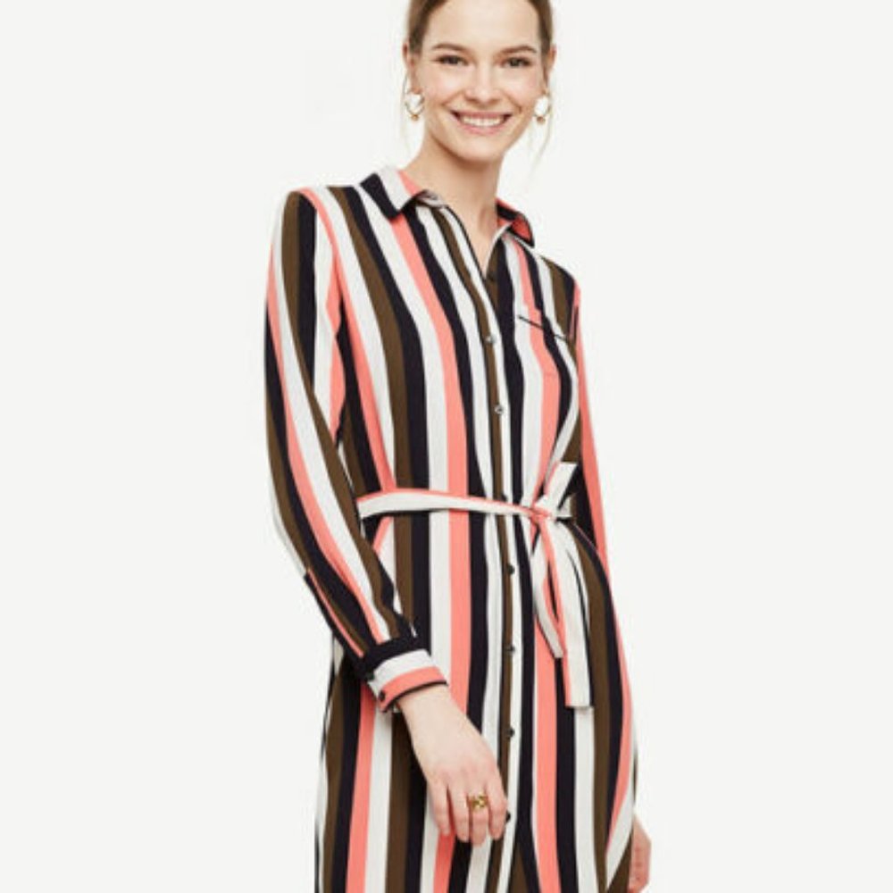 Ann Taylor Black Multi Stripe Piped Shirtdress